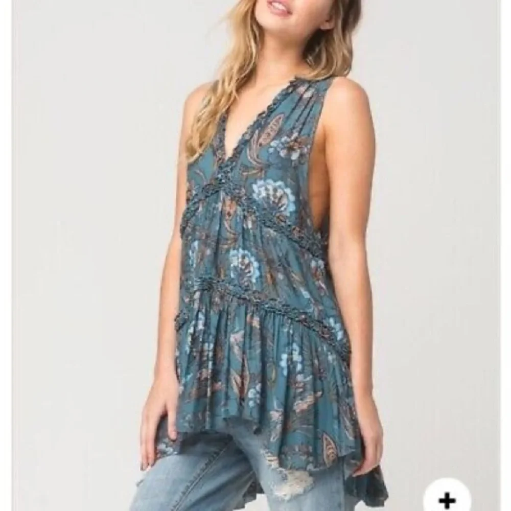 🌎Free People Floral Haze Hummingbird Turquoise Boho Tunic NWT~Small - Picture 11 of 13